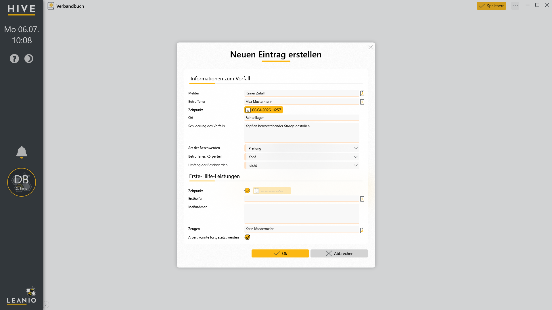 LEANIO Verbandbuch: Verbandbuch Eintrag